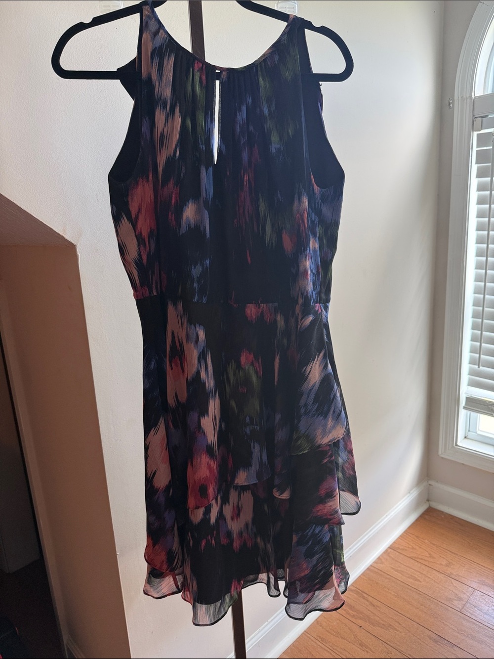 Tahari Women's Black Floral Cascade Hem Dress
